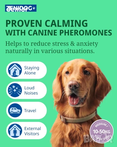 Нашийник Zenidog, Успокояващи феромони, за кучета между 10 кг - 50 кг, Размер на врата 39-67 см, снимка 2 - За кучета - 50468965