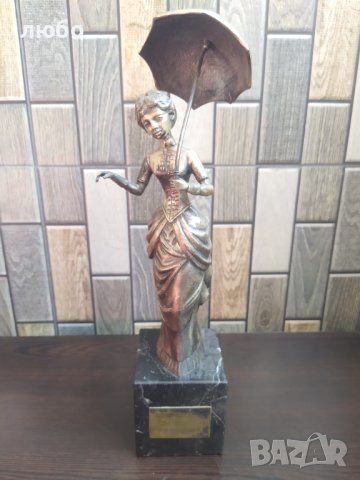 Бронзова Скулптура във Сребърно Покритие-Дамата със Чадъра 19 Век Испания , снимка 2 - Статуетки - 42112272
