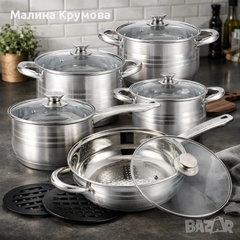 Комплект съдове за готвене 12 части Cheffinger, с индукционно дъно и стъклени капаци – тенджери, кас, снимка 2 - Съдове за готвене - 53175014
