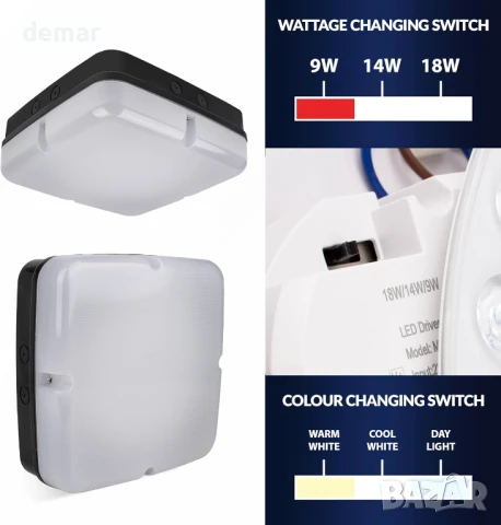 Bright Source стенен и таванен квадратен LED панел, черен, превключваща мощност 9W 14W 18W, IP65, снимка 4 - Лед осветление - 50592117