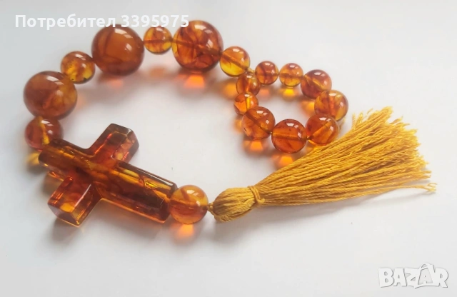 Броеница с кръст от Балтийски кехлибар 24 см, снимка 5 - Бижутерийни комплекти - 53631530