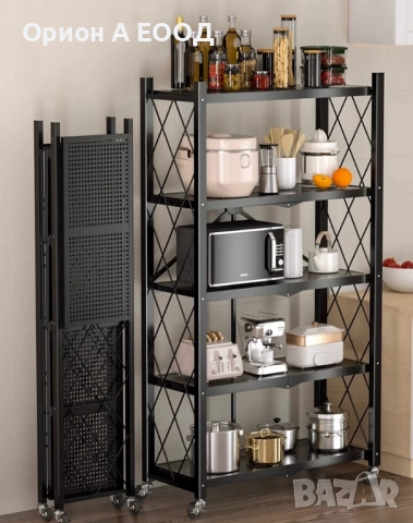 Сгъваем Стелаж с 5 рафта на Колелца, Изцяло Метален, Издържа 200 килограма , снимка 7 - Етажерки - 52091234