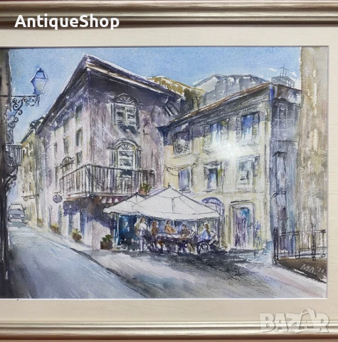 Картина, акварел, пейзаж, къщи, кафене, подписана, снимка 2 - Картини - 50454489