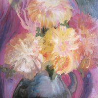Картина -масло, фазер, ваза с хризантеми,51х36см., снимка 2 - Картини - 39466326