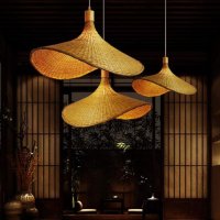 Бамбукова плетена висяща лампа Таванска селска висяща лампа Ратан, снимка 8 - Лампи за таван - 44466534