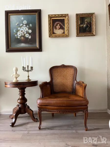 Антикварно кресло в стил Луи XV с ратанова облегалка и подлакътници, снимка 1