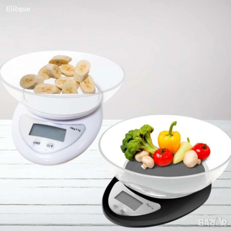 Кухненска везна с купа, 5кг., 2хАААбатерии( не са вкл.), LCD екран, Бял, Черен, снимка 1