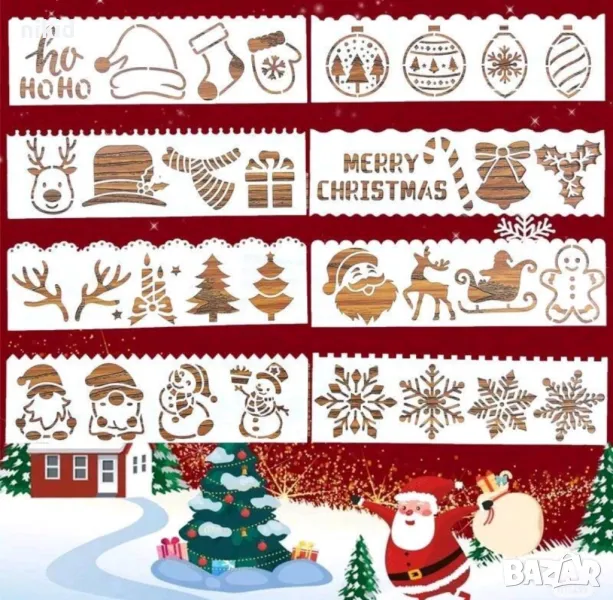 8 бр сет коледни снежинки елха елен стенсил шаблон спрей за торта украса стена scrapbooking, снимка 1