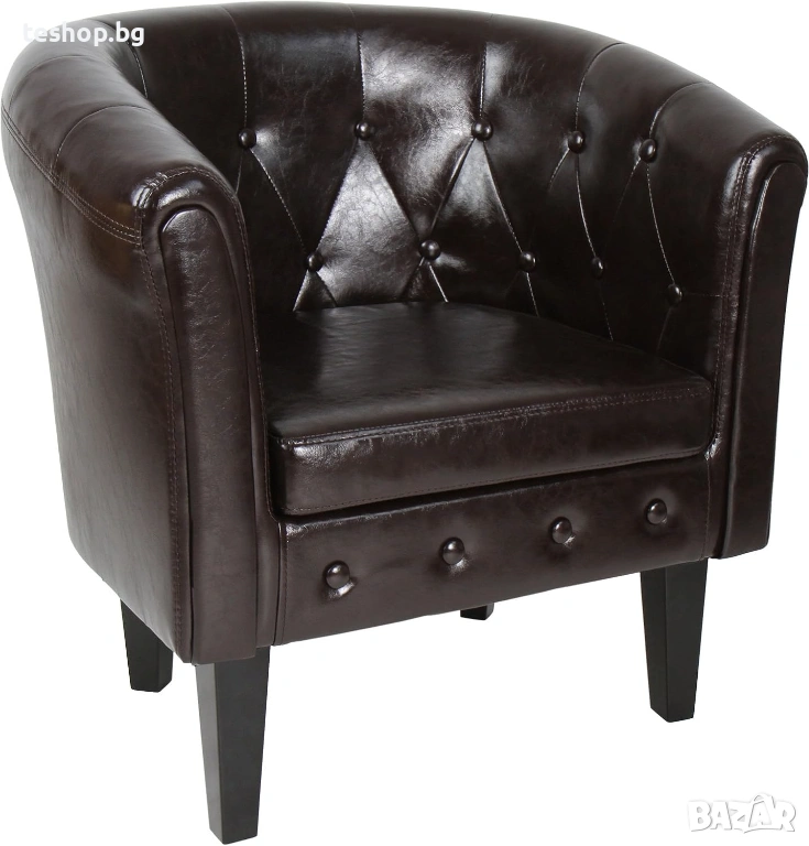 Фотьойл в стил Честърфийлд от изкуствена кожа (тъмнокафяв цвят и тапициран дизайн), снимка 1