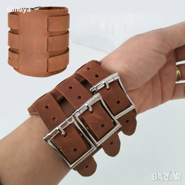 6277 Широка мъжка кожена гривна с 3 закопчалки, снимка 1