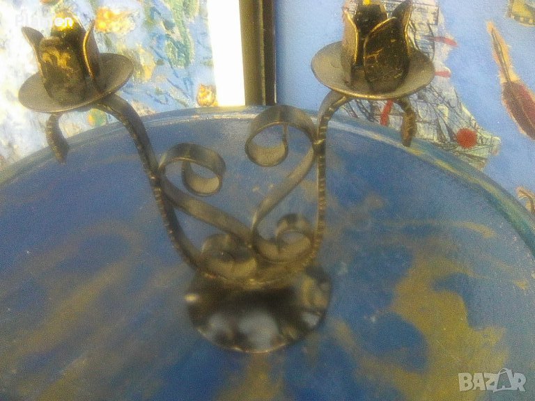 Стар български кован свещник за две свещи, снимка 1