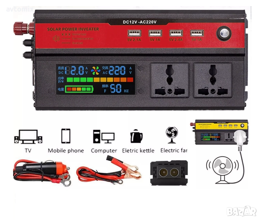 Инвертор преобразувател на напрежение с цифров дисплей от 12V на 220V 1000W, снимка 1