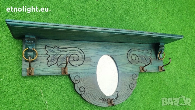 Красива старинна, антикварна, дървена закачалка с рафт, огледало и дърворезба , снимка 5 - Закачалки - 52041454