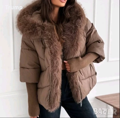 Последен брой! Ефектно яке с красива яка еко косъм Браун 