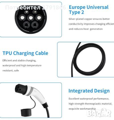Кабел за зареждане тип 2 11 kW 16A за хибридни и електрически автомобили, 3 фази, 3 метра, снимка 4 - Аксесоари и консумативи - 49270189