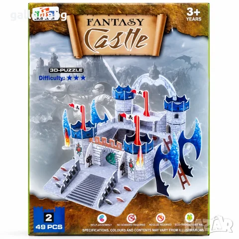 Детски 3D пъзел Fantasy Castle – замък с дракони, 49 части