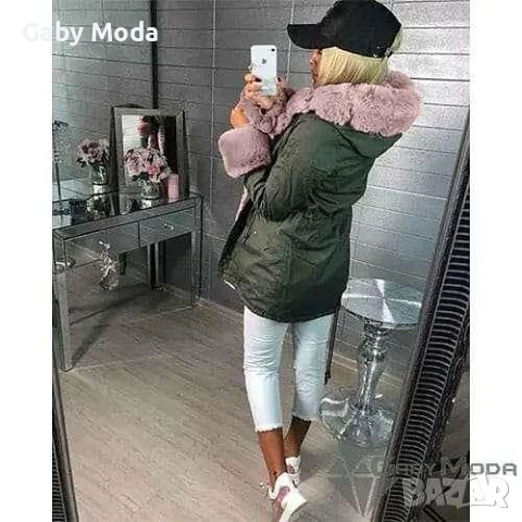 Зелено дамско зимно яке парка с пух в цвят кафе, снимка 2 - Якета - 51065642