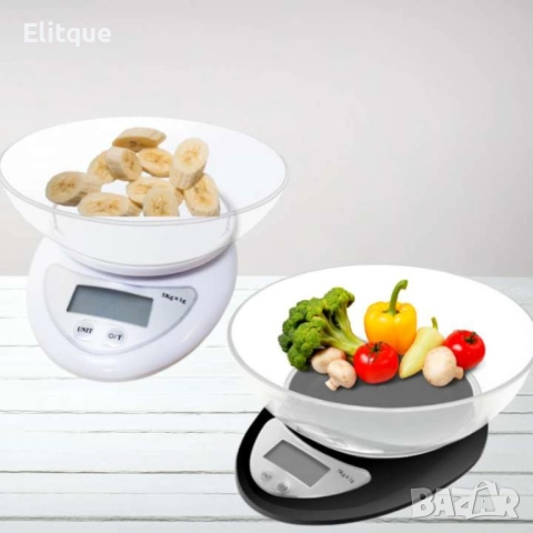 Кухненска везна с купа, 5кг., 2хАААбатерии( не са вкл.), LCD екран, Бял, Черен
