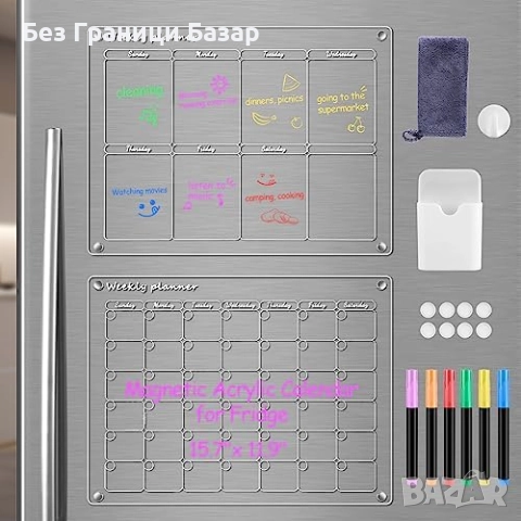 Нов Комплект акрилен календар борд за хладилник с маркери и държач