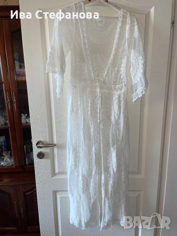Нова ефирна плажна бяла памучна памук дантелена наметка плажна дълга риза кафтан плажна дълга рокля, снимка 2 - Туники - 41610284