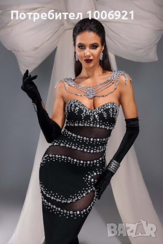 Класна дълга черна рокля с украсена с кристали,камъни в сребристо , снимка 4 - Рокли - 44585010