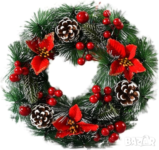 Коледен венец за декорация с шишарки и изкусветни коледни звезди, Външен диаметър: Ф30 см. , снимка 1