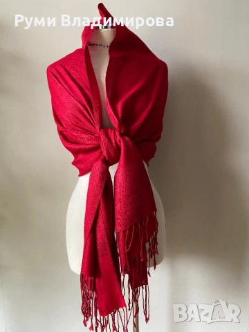 Червен шал от кашмир, коприна, пашмина/ различни видове, снимка 2 - Шалове - 52202180