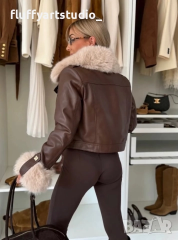 🤎 LUX FUR BROWN – Кожено яке с каракул | Италианска колекция, снимка 3 - Якета - 52562214