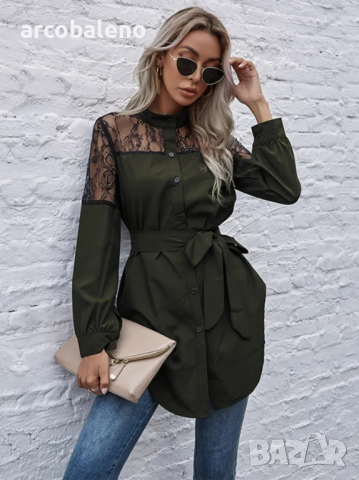 Дълга кръгла яка, дълги ръкави и талия, дамска дантелена риза, 4цвята , снимка 2 - Ризи - 44784483