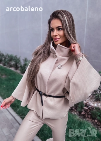 Дамско елегантно бежово пончо с колан , снимка 4 - Туники - 52157846