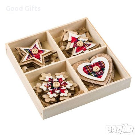 8 броя Комплект Дървени коледни висулки за елха, 6см