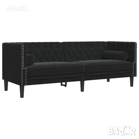 vidaXL Честърфийлд диван с болстери, 3-местен, черен, кадифе
