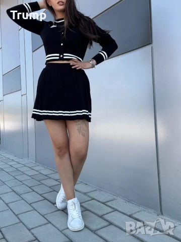 Хит!  Комплект градски шик от пола и скъсена жилетка, фино претиво, цвят черно, снимка 2 - Комплекти - 51759902