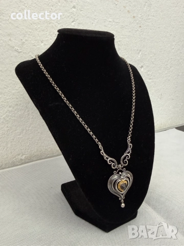 Сребърно колие с гранат и позлата - Ар Деко. №7774, снимка 2 - Колиета, медальони, синджири - 52847565