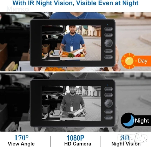 Безжичен видео звънец без абонамент, двупосочен домофон, водоустойчивост IPX65, екран 4.3”, ъгъл на , снимка 5 - Други - 53840504