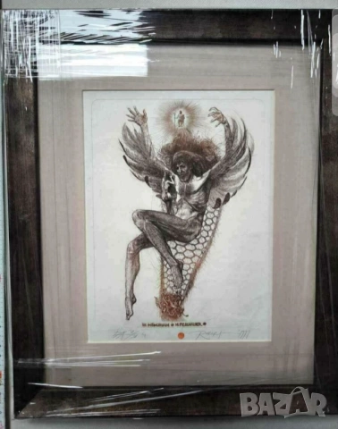 Стара картина  падащия ангел  прогонен от Бог и женското изкушение   Робърт Баръмов /1966. - 2021 г., снимка 3 - Картини - 53170086
