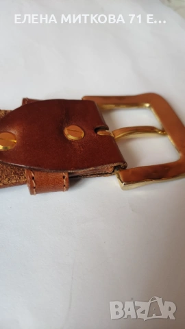 Кафяв колан от дебела естествена кожа и масивна метална тока и декорация в златисто, снимка 9 - Колани - 53738531
