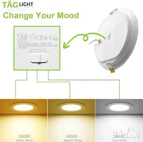 LED вграден панел за таван Ø145 мм, pack 6, 12W, IP54, CCT, снимка 2 - Лампи за таван - 55871347