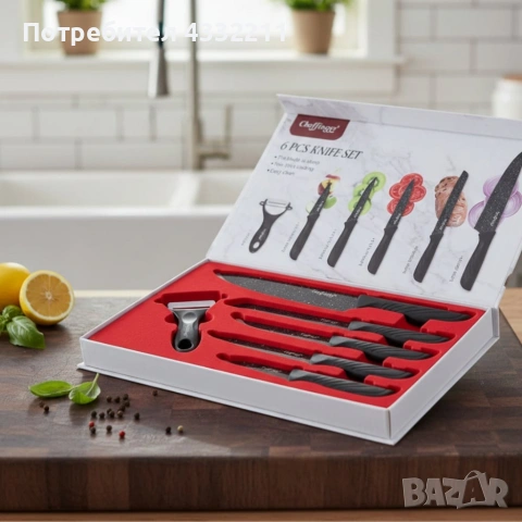 Комплект кухненски н о ж о в е Cheffinger MB09 – 6 части с мраморно покритие и магнитна кутия, снимка 2 - Аксесоари за кухня - 53285786