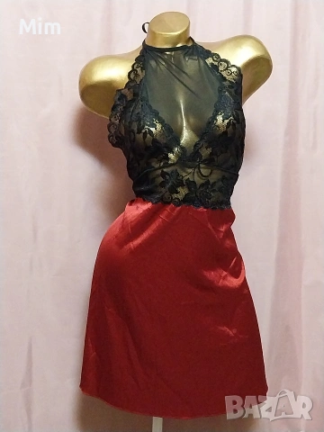 2XL Нощница от червен сатен и черна дантела 