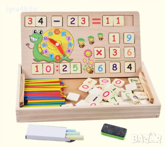 Дървена двустранна дъска с математика пръчици и часовник, снимка 2 - Образователни игри - 41083542