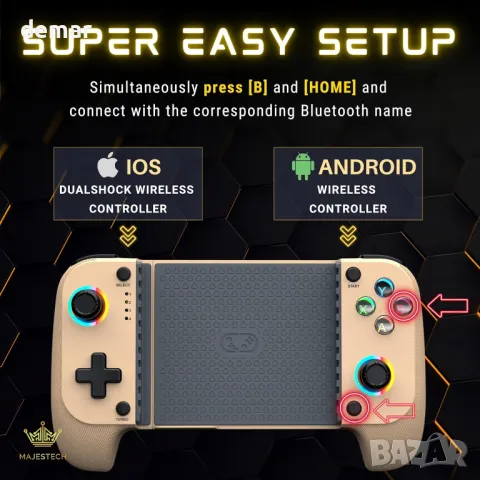 MAJESTECH Контролер за мобилни игри за iPhone/Android, RGB Hall Joystick, снимка 4 - Други игри и конзоли - 49526216
