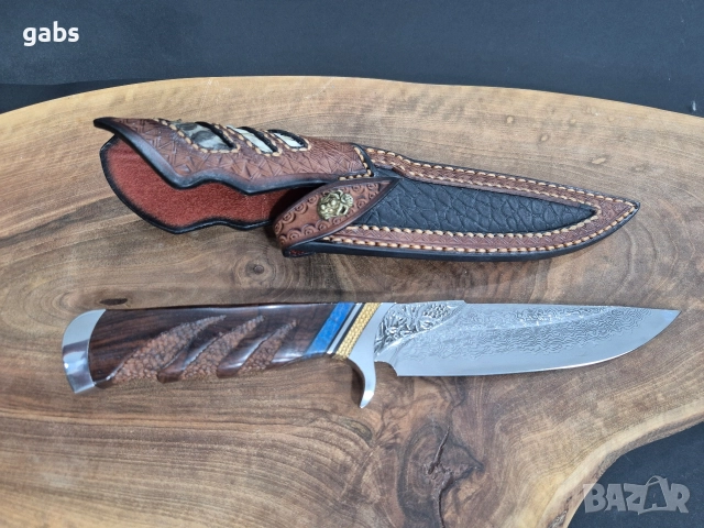 Ръчно изработен ловен нож дамаска стомана с кожена кания LN432, снимка 14 - Ножове - 52943469