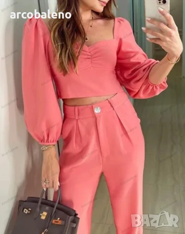 Дамски комплект от две части с висока талия и квадратно деколте, 4цвята, снимка 2 - Комплекти - 40703762