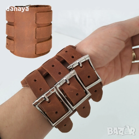 6277 Широка мъжка кожена гривна с 3 закопчалки