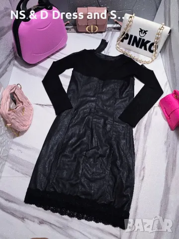 Дамска кожена рокля с ръкави от тюл, снимка 3 - Рокли - 47560475