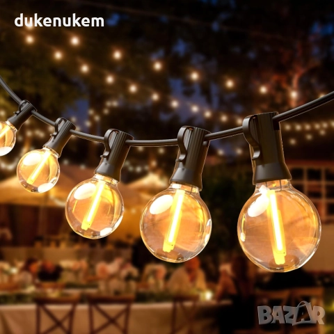 LED лампички за външна употреба 10м, 25+3 G40 крушки, IP44, топло жълта светлина