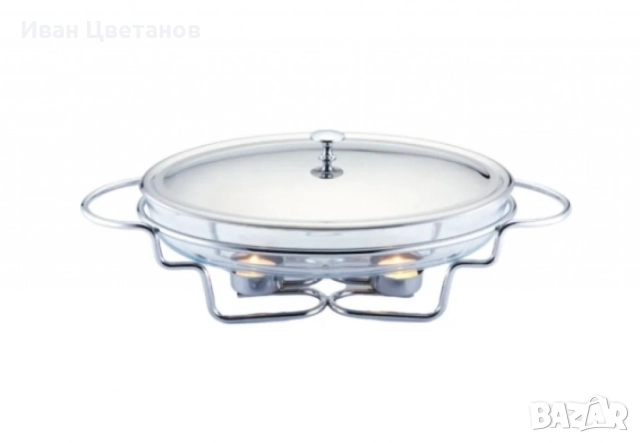 Съд за затопляне Bohmann, 3л. овал, 2свещи, Стоманен капак, Стъкло, Инокс