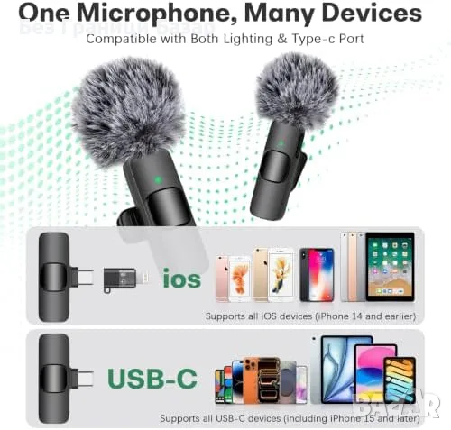 Нов Безжичен двоен Lavalier микрофон за iPhone Android USB-C Lightning TikTok влог видео, снимка 6 - Микрофони - 56196068