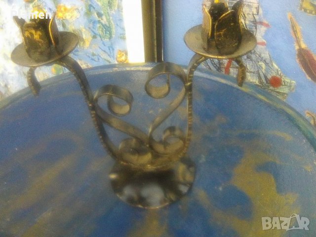Стар български кован свещник за две свещи, снимка 1